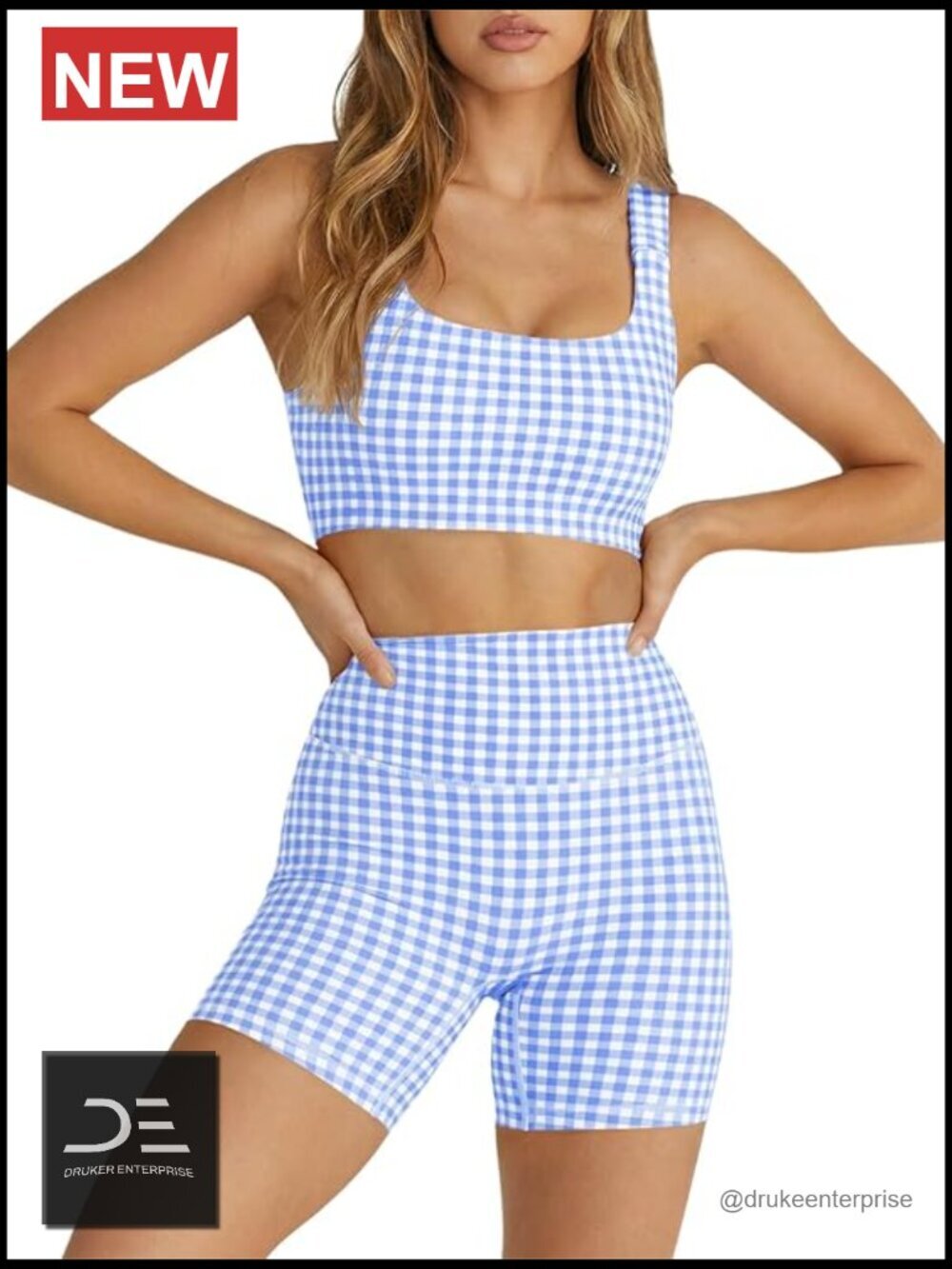 Gingham 2 Piece Outfits Padded Open Back Crop Tank High Waist Sports Shorts